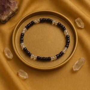 Clear quartz and hematite memory wire wrap bracelet